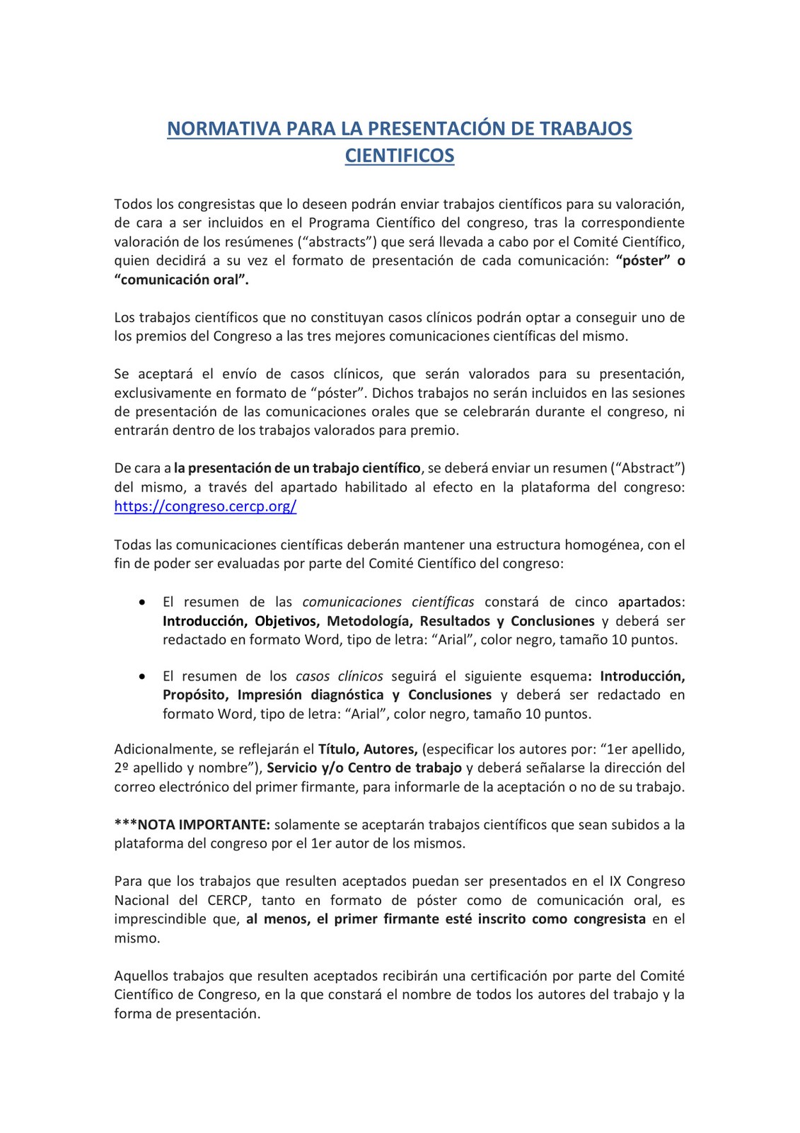 Normativa para la presentación de trabajos científicos CERCP 2026